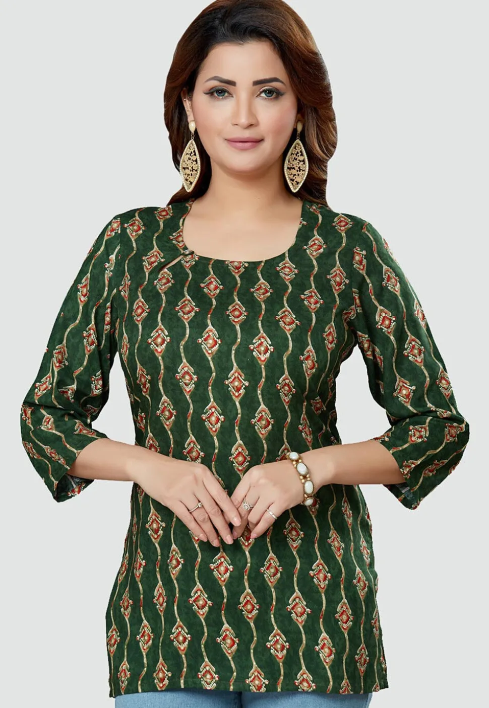 Digital Printed Rayon Kurti in Green