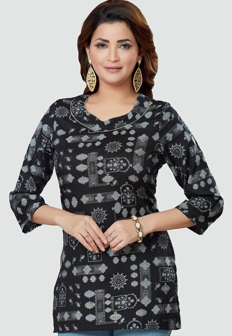 Digital Printed Rayon Kurti in Black