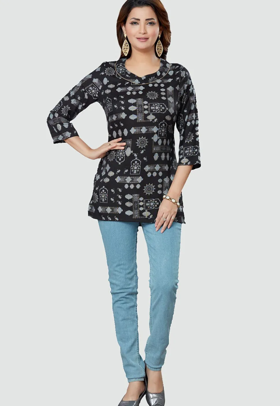 Digital Printed Rayon Kurti in Black
