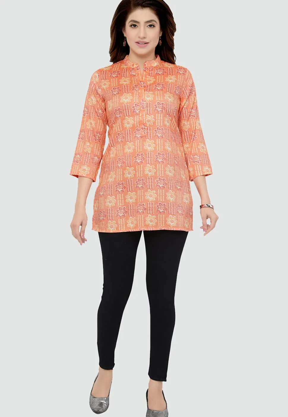 Digital Printed Rayon Kurti in Peach
