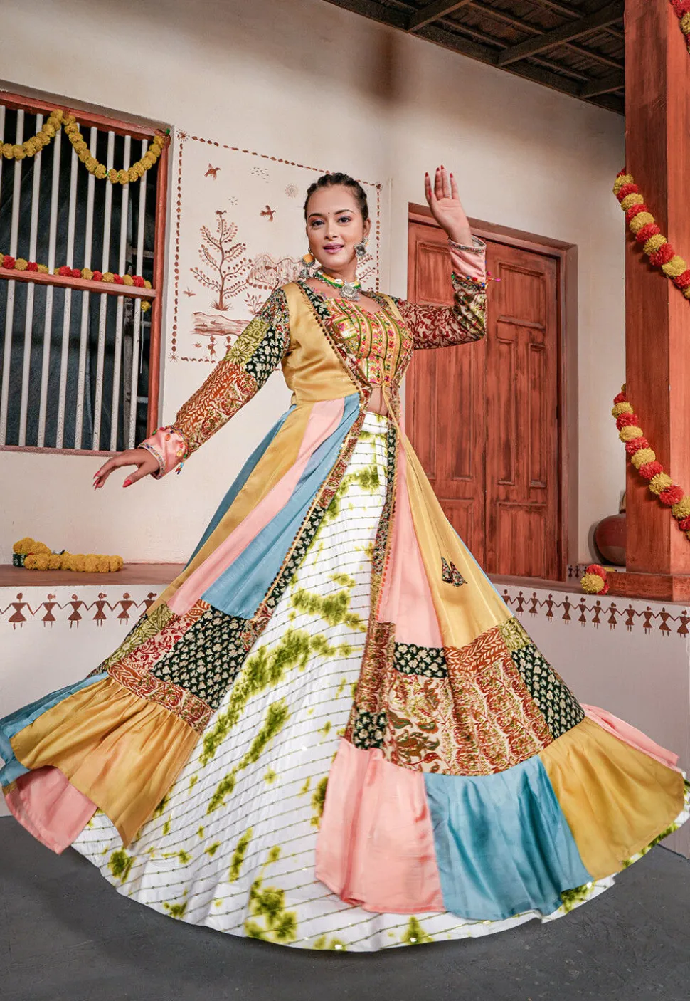 Digital Printed Rayon Lehenga in White