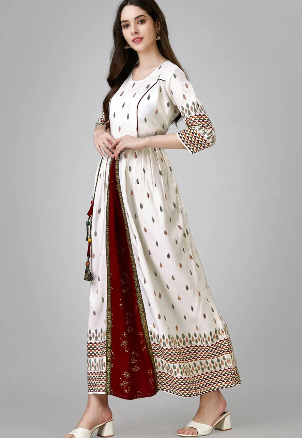 Digital Printed Rayon Long Kurta in Off White
