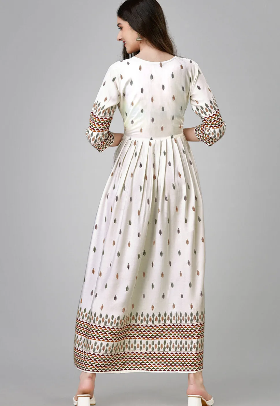 Digital Printed Rayon Long Kurta in Off White