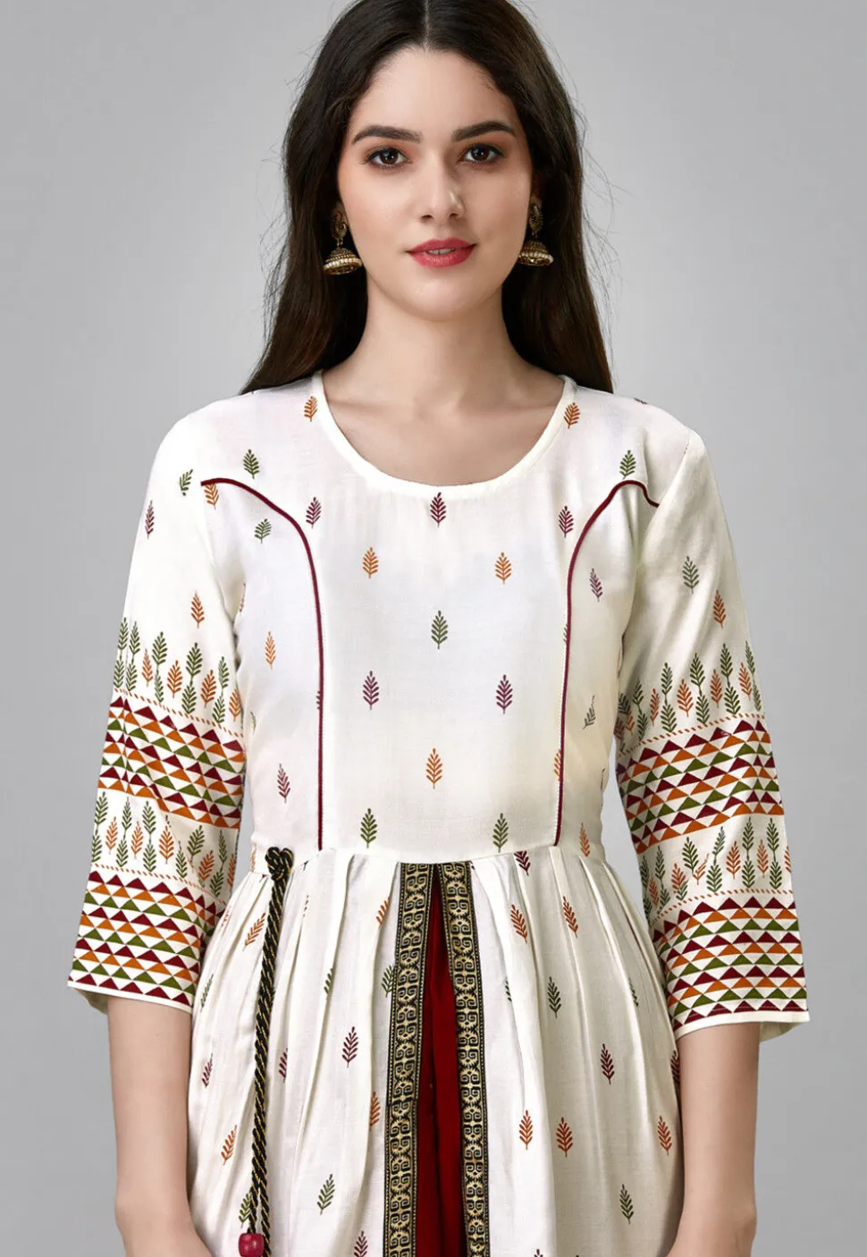 Digital Printed Rayon Long Kurta in Off White