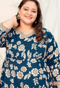 Digital Printed Rayon Long Kurta in Teal Blue