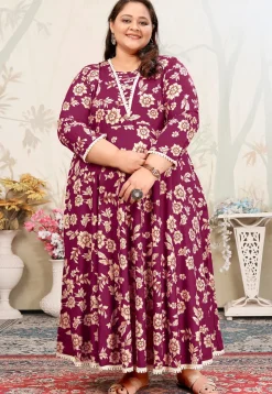 Digital Printed Rayon Long Kurta in Purple