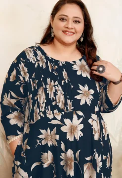Digital Printed Rayon Long Kurta in Dark Blue