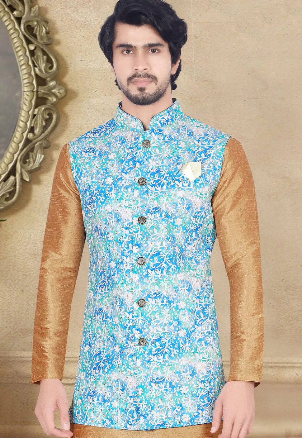 Digital Printed Rayon Long Nehru Jacket in Blue