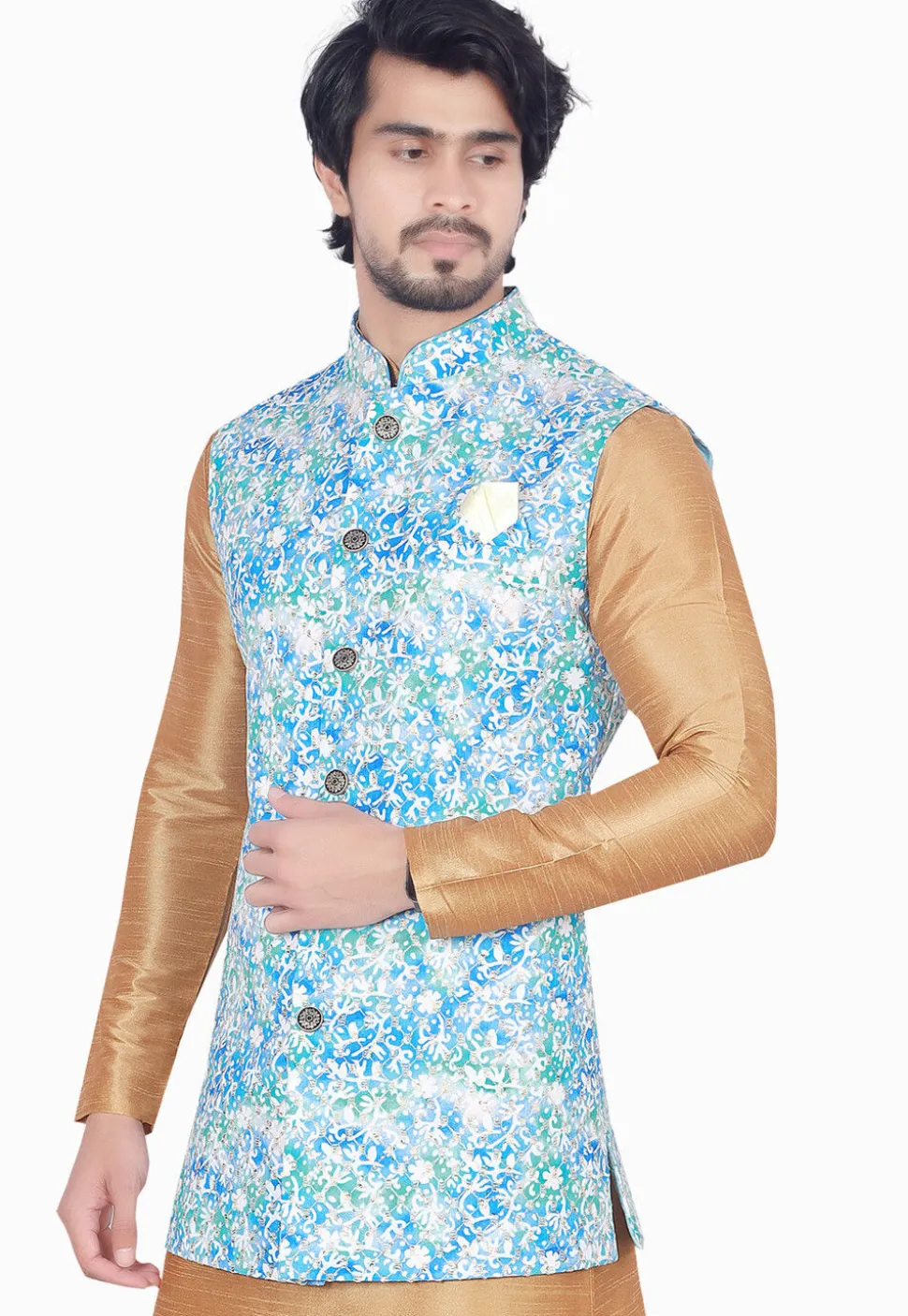 Digital Printed Rayon Long Nehru Jacket in Blue