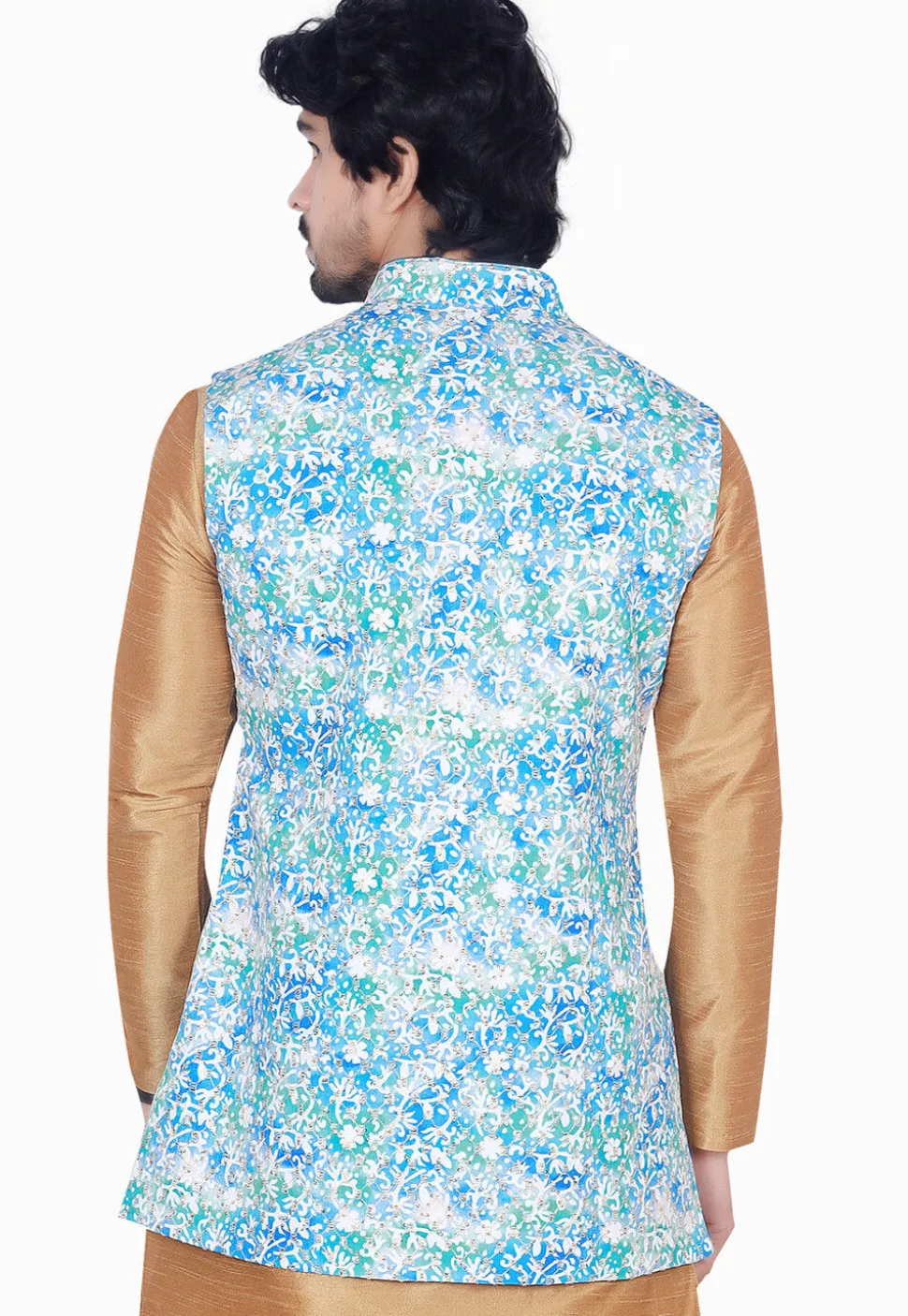 Digital Printed Rayon Long Nehru Jacket in Blue