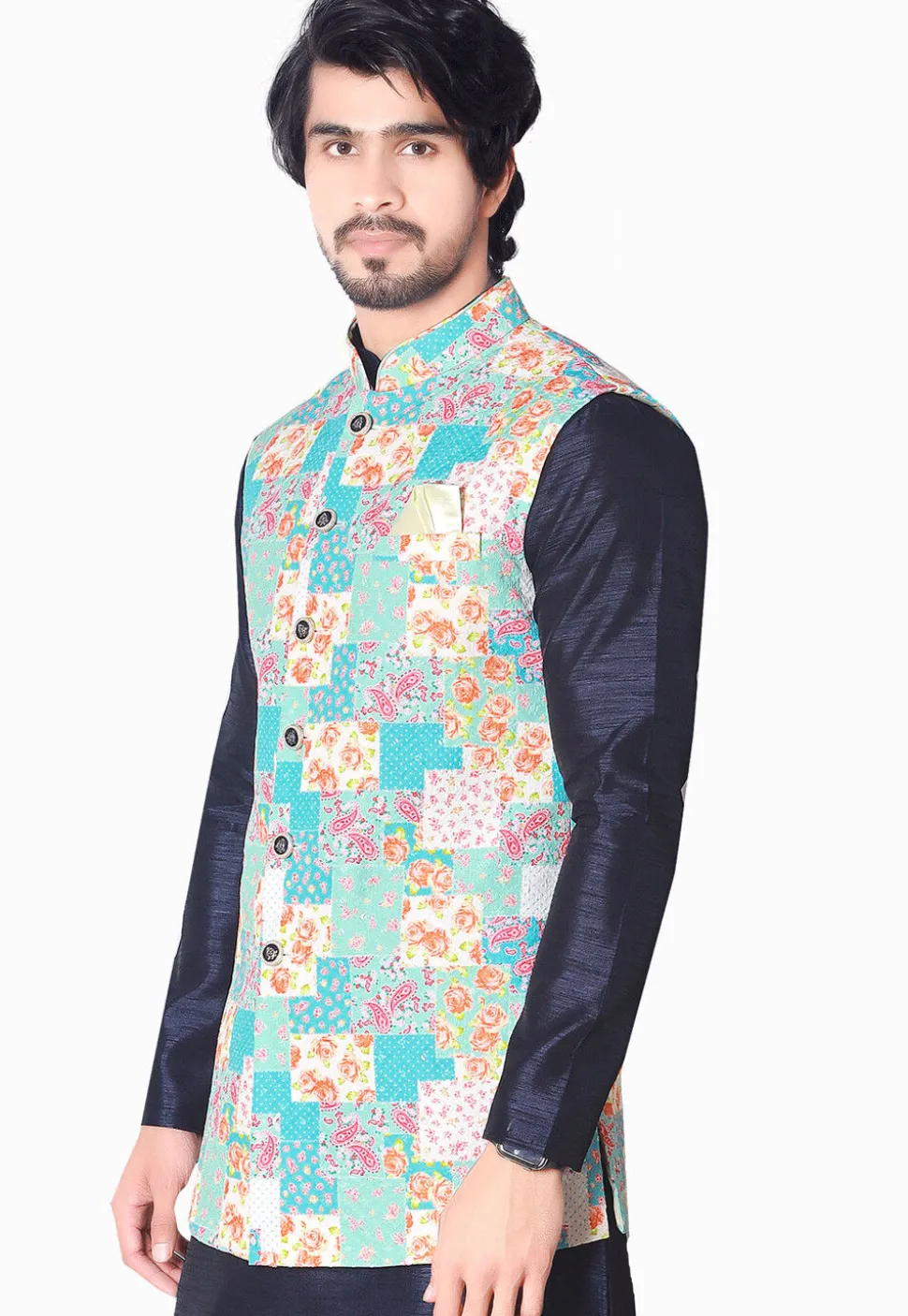 Digital Printed Rayon Long Nehru Jacket in Sky Blue