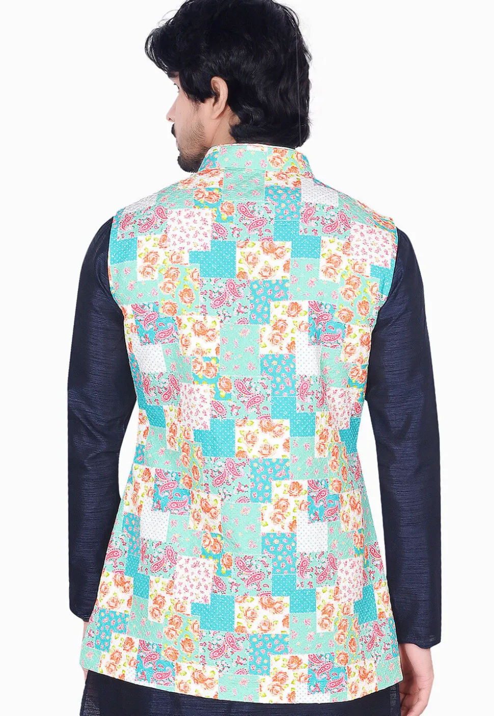 Digital Printed Rayon Long Nehru Jacket in Sky Blue