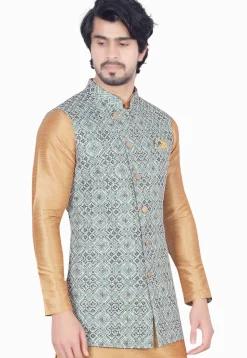 Digital Printed Rayon Long Nehru Jacket in Sea Green