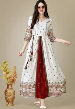 Digital Printed Rayon Long Kurta in Off White
