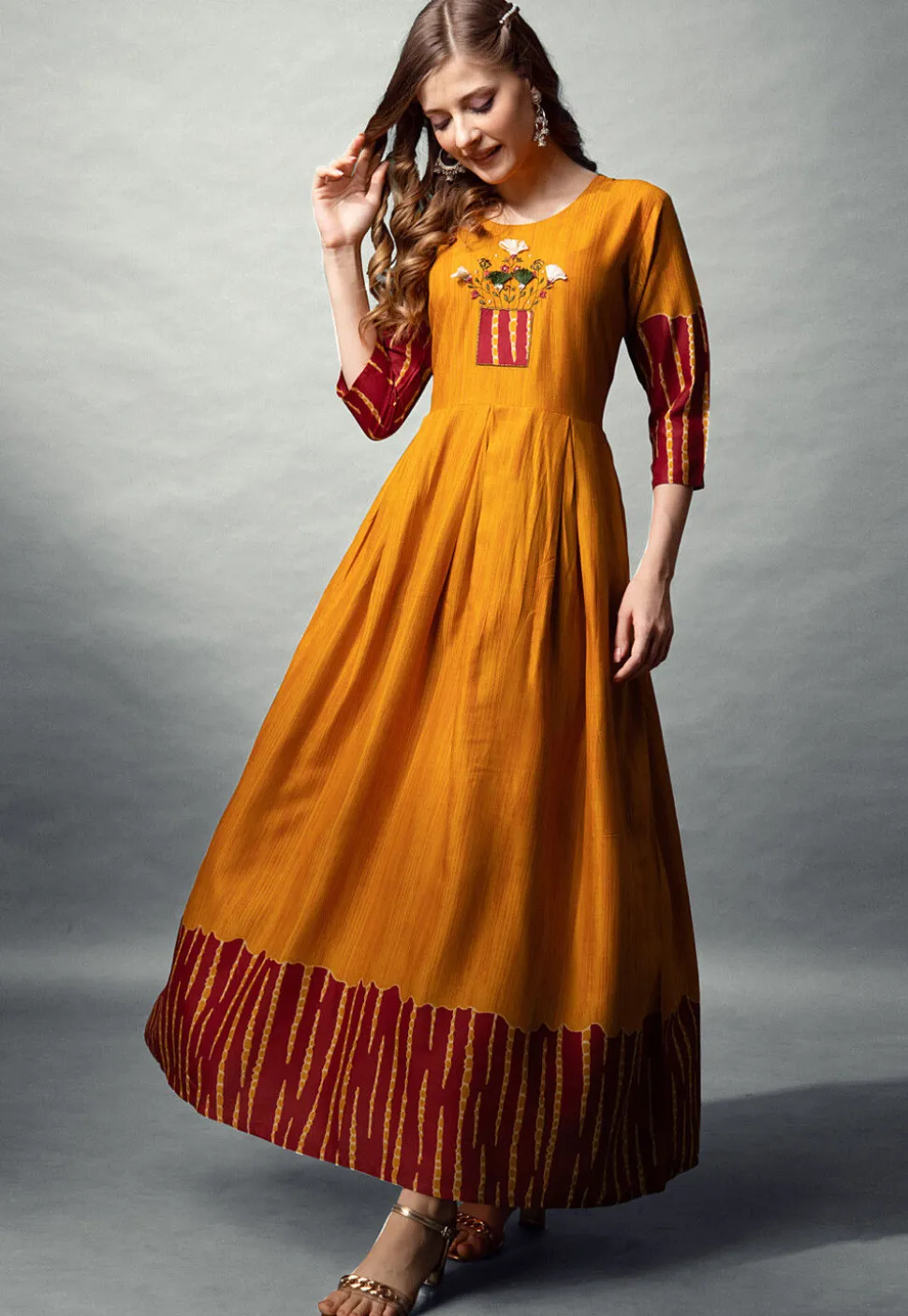 Digital Printed Rayon Long Kurta in Mustard