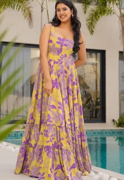 Digital Printed Rayon Maxi Dress in Yellow
