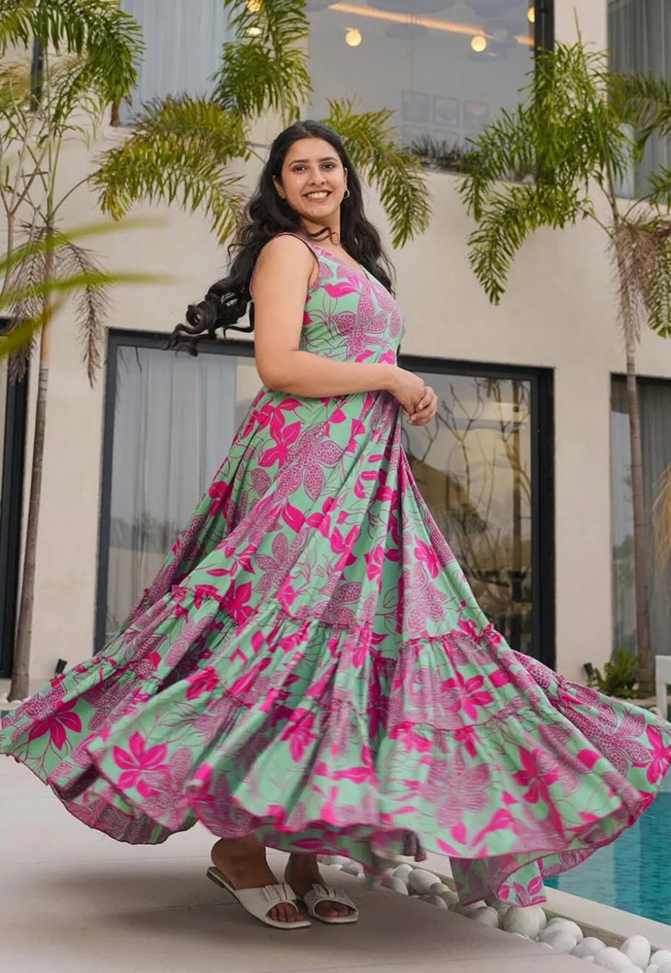 Digital Printed Rayon Maxi Dress in Green