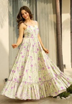 Digital Printed Rayon Maxi Dress in Cream