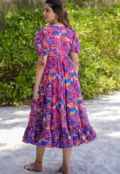 Digital Printed Rayon Midi Dress in Pink