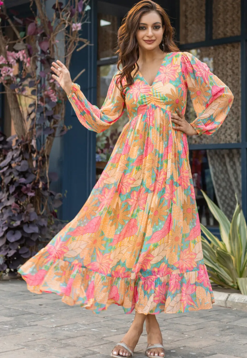 Digital Printed Rayon Midi Dress in Multicolor
