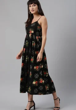 Digital Printed Rayon Midi Dress in Black