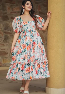 Digital Printed Rayon Midi Dress in Off White