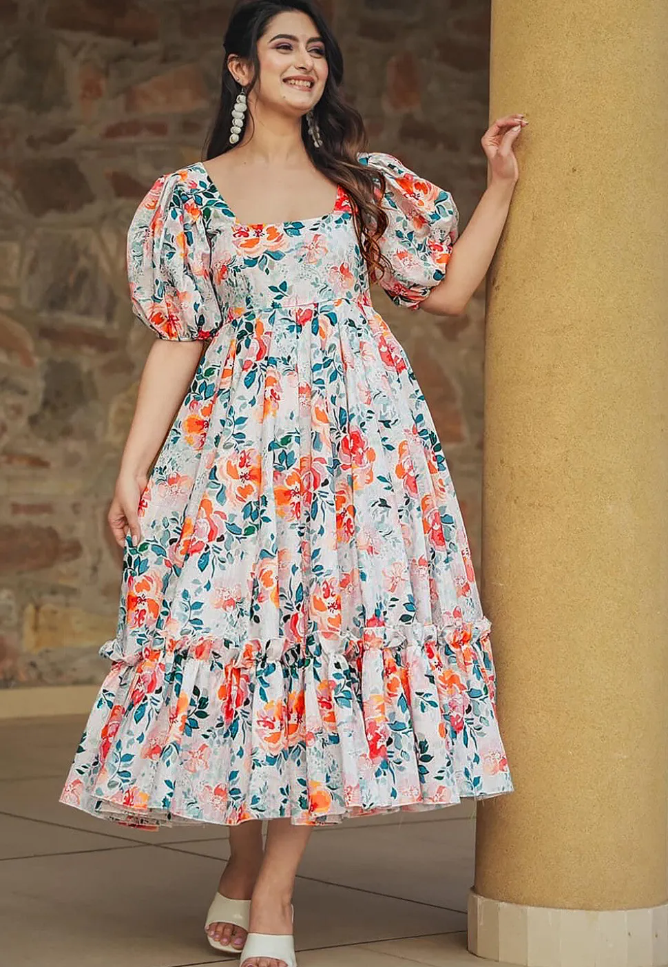 Digital Printed Rayon Midi Dress in Off White
