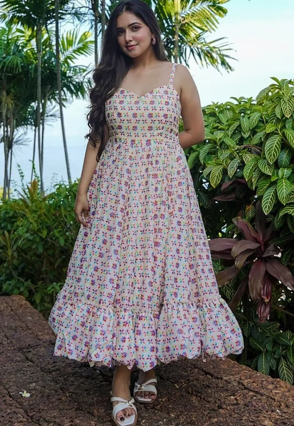 Digital Printed Rayon Midi Dress in Off White
