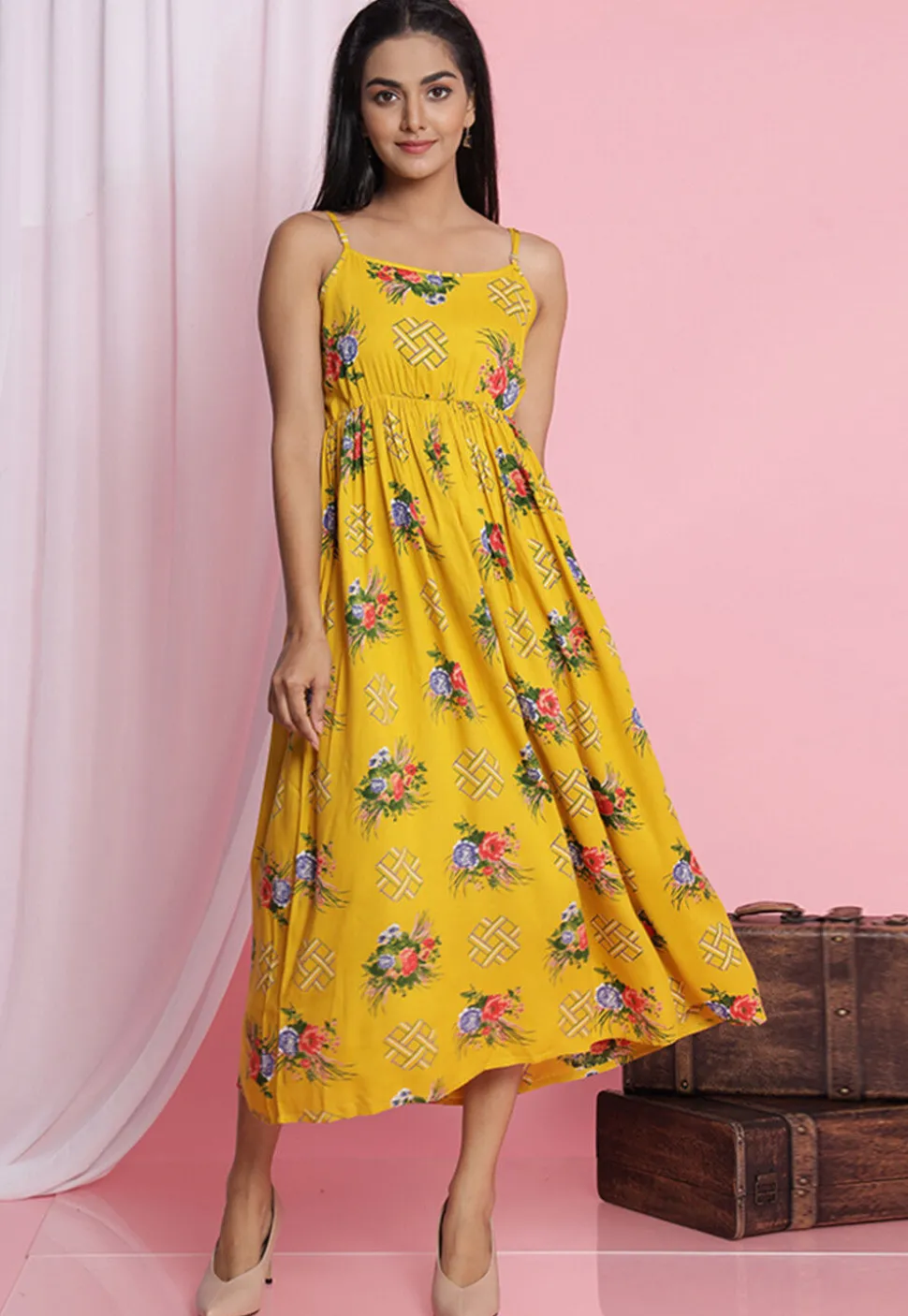 Digital Printed Rayon Midi Dress in Yellow