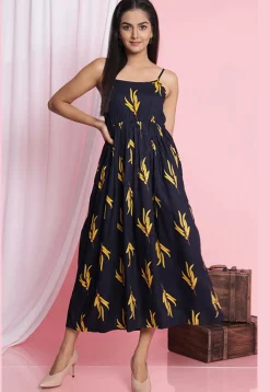 Digital Printed Rayon Midi Dress in Navy Blue