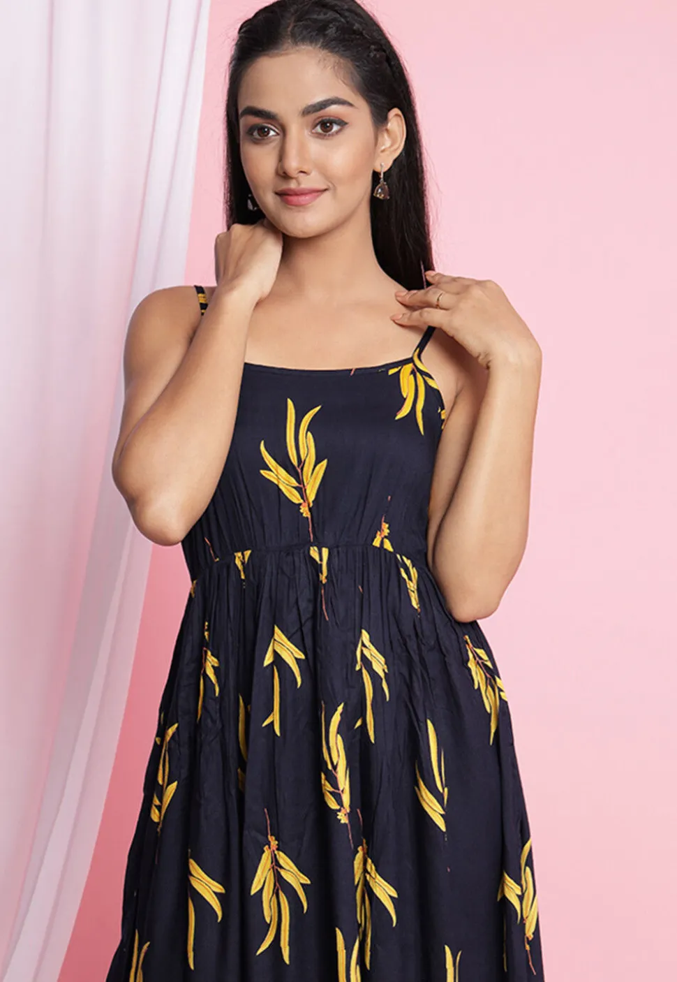 Digital Printed Rayon Midi Dress in Navy Blue