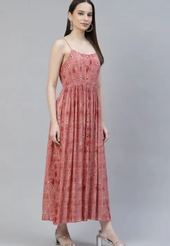 Digital Printed Rayon Midi Dress in Peach