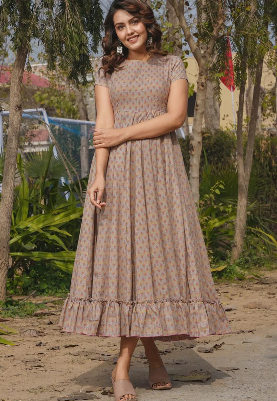 Digital Printed Rayon Midi Dress in Beige