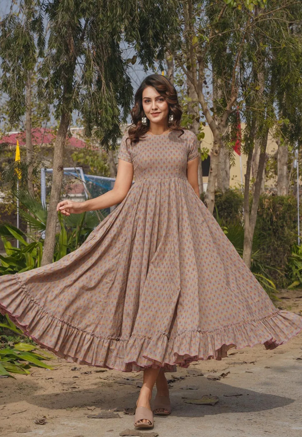Digital Printed Rayon Midi Dress in Beige