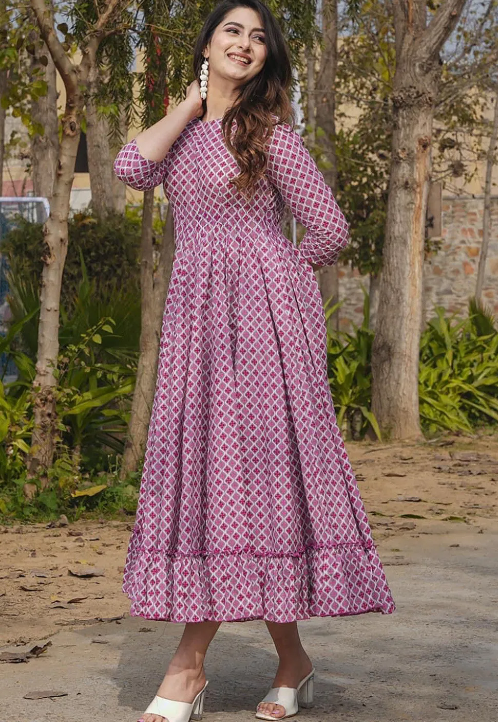 Digital Printed Rayon Midi Dress in Purple