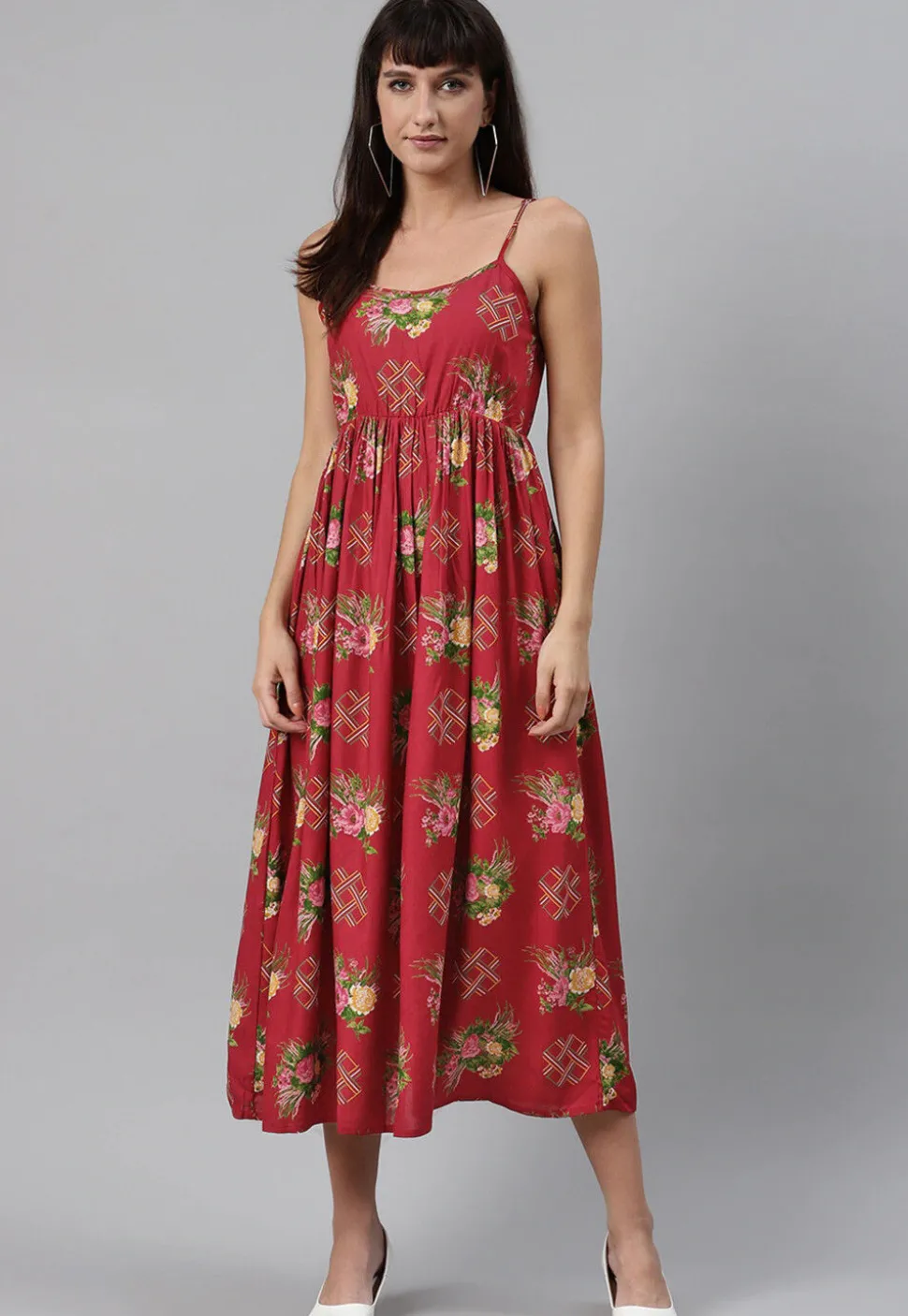 Digital Printed Rayon Midi Dress in Red