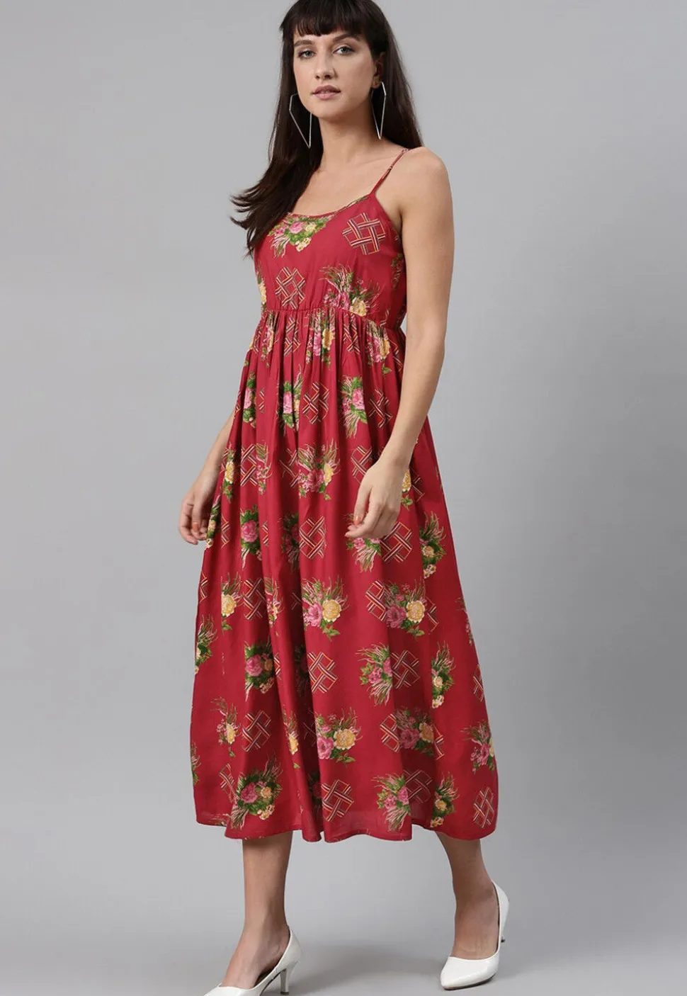 Digital Printed Rayon Midi Dress in Red