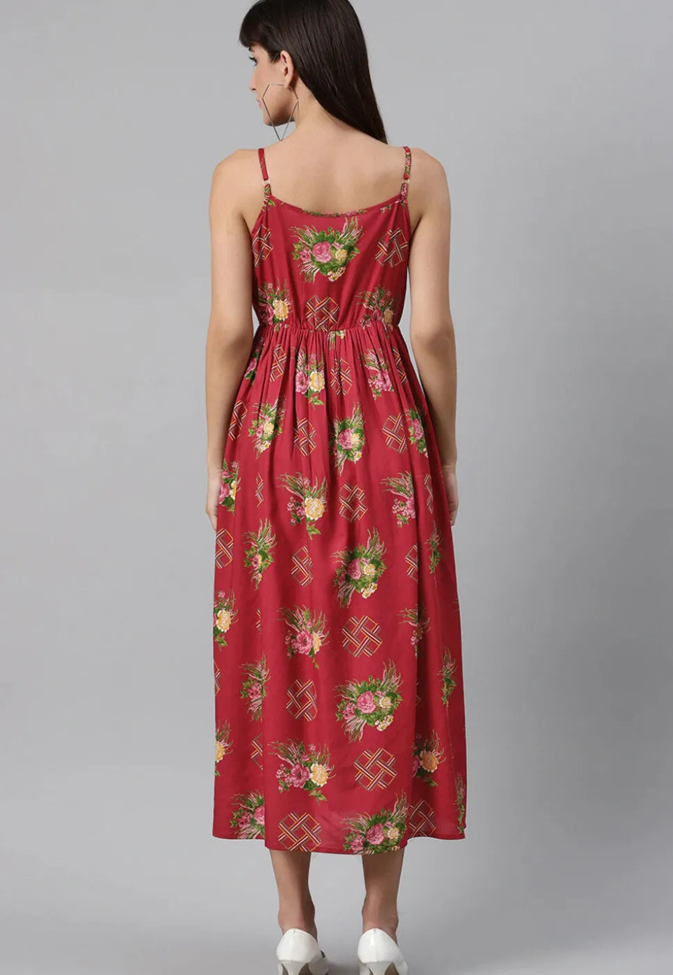 Digital Printed Rayon Midi Dress in Red