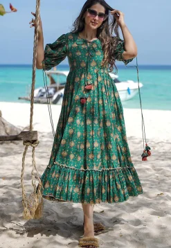 Digital Printed Rayon Midi Dress in Teal Green