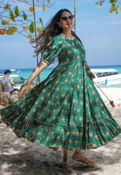Digital Printed Rayon Midi Dress in Teal Green