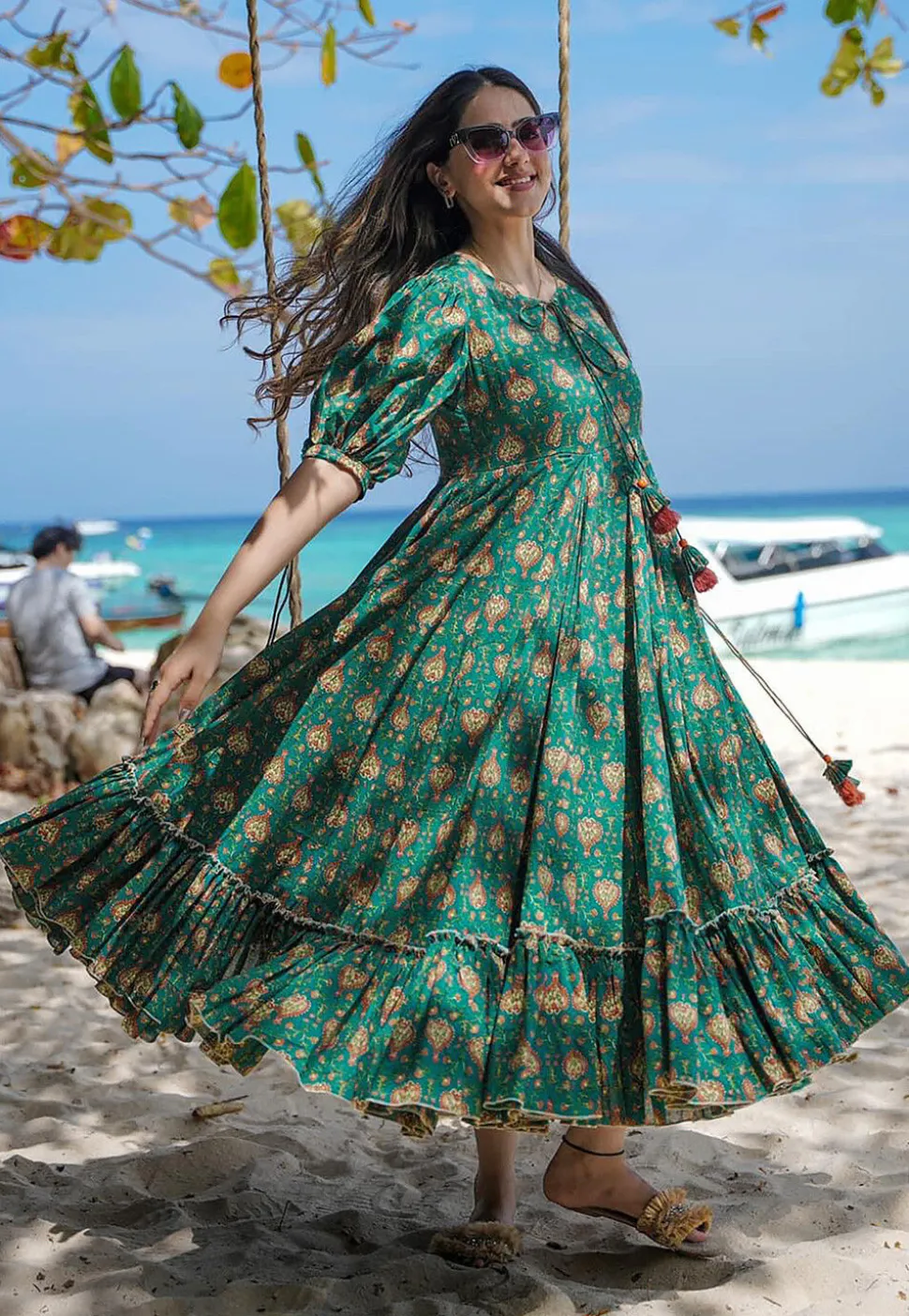 Digital Printed Rayon Midi Dress in Teal Green