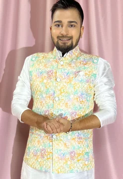 Digital Printed Rayon Nehru Jacket in Multicolor