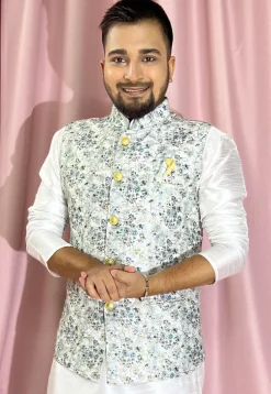 Digital Printed Rayon Nehru Jacket in Off White