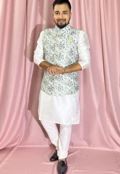 Digital Printed Rayon Nehru Jacket in Off White