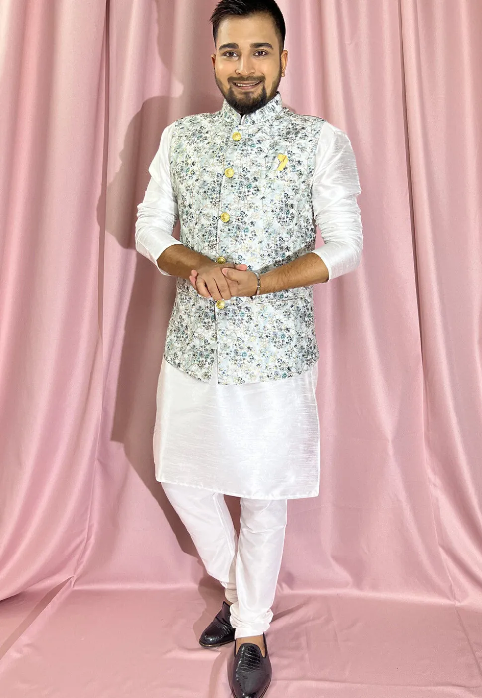 Digital Printed Rayon Nehru Jacket in Off White