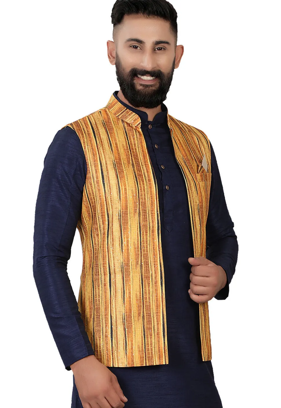 Digital Printed Rayon Nehru Jacket in Mustard