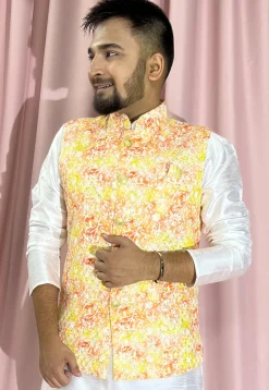Digital Printed Rayon Nehru Jacket in Yellow