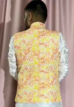 Digital Printed Rayon Nehru Jacket in Yellow