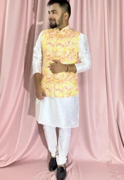 Digital Printed Rayon Nehru Jacket in Yellow