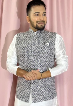 Digital Printed Rayon Nehru Jacket in Navy Blue
